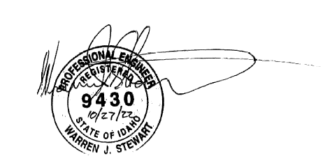 State of Idaho Registered Engineer Stamp of Warren J. Stewart 9430 dated 10/27/22