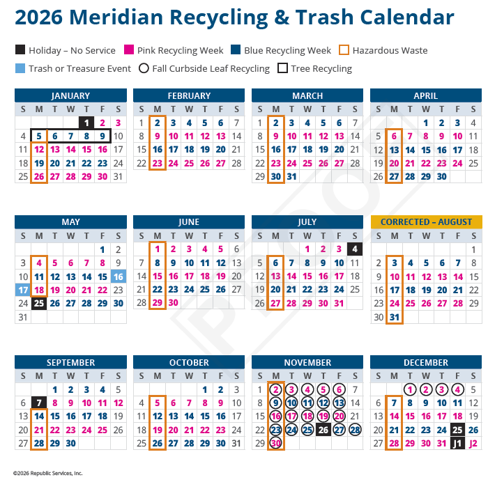 2026 Meridian Recycling & Trash Calendar. Each month in 2026 is shown with various color coding.